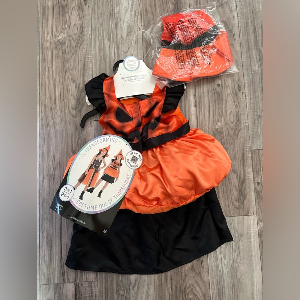 NWT Halloween Scarecrow Pumpkin Transforming Dress Costume in Orange Size 3T/4T